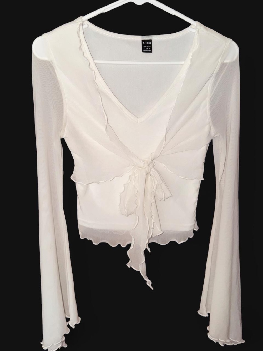 SHEIN White Sheer Tie-Front Long Sleeve Top